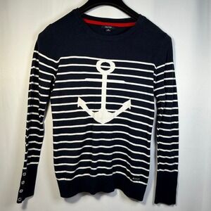 Nautica Anchor Sweater Striped Nautical Button Cuff Navy‎ Blue Size M as is